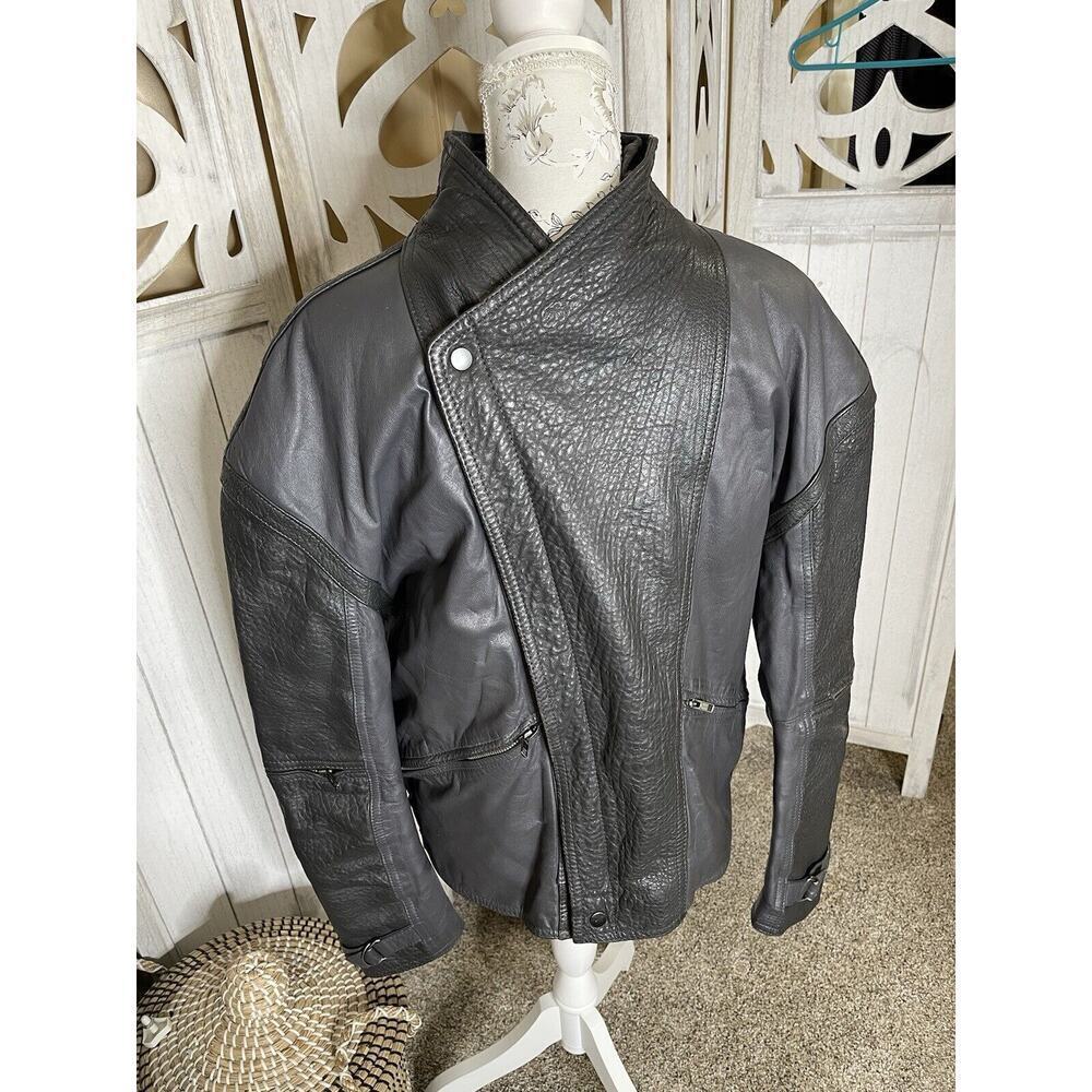 Cougar International Unisex Black Gray Leather Moto Bomber Jacket Size 42